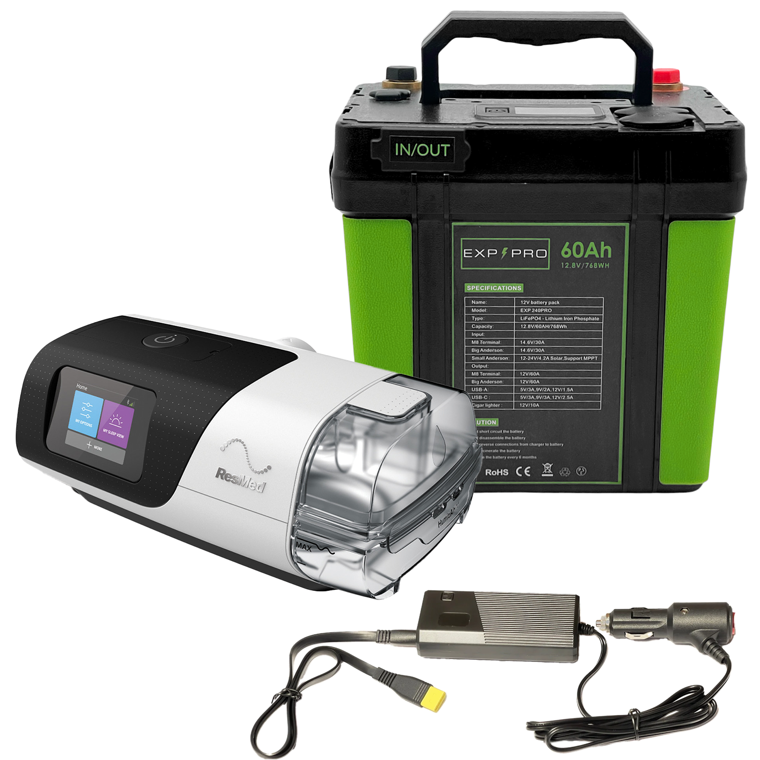 EXP240PRO CPAP Battery with DC Cord | Portable, Solar Rechargeable LiFePO4 Battery