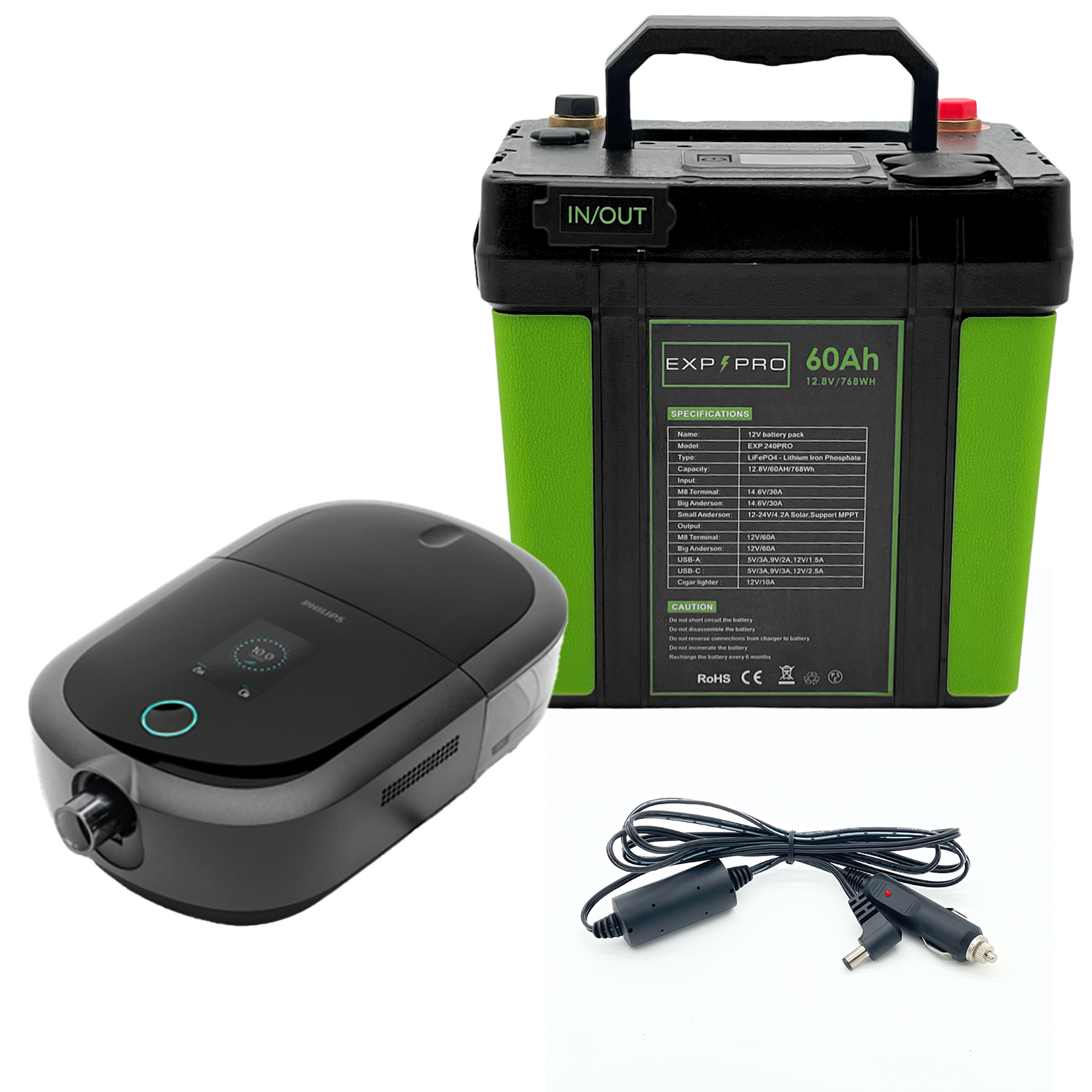 EXP240PRO CPAP Battery with DC Cord | Portable, Solar Rechargeable LiFePO4 Battery