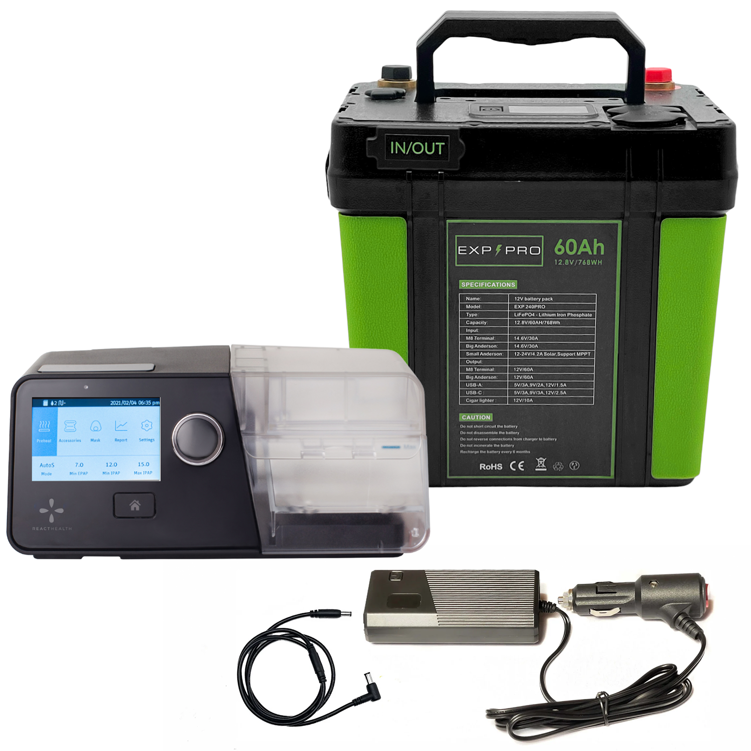 EXP240PRO CPAP Battery with DC Cord | Portable, Solar Rechargeable LiFePO4 Battery