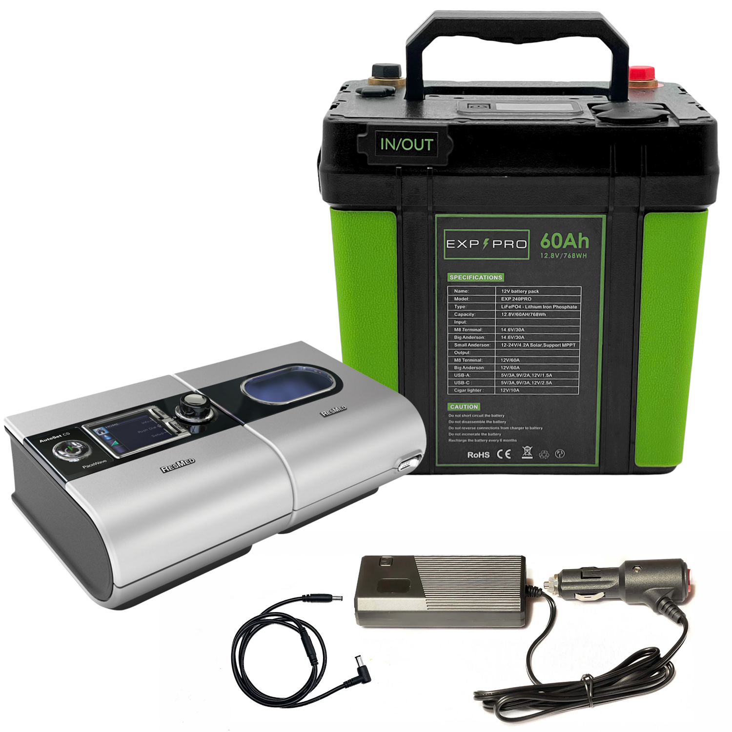 EXP240PRO CPAP Battery with DC Cord | Portable, Solar Rechargeable LiFePO4 Battery
