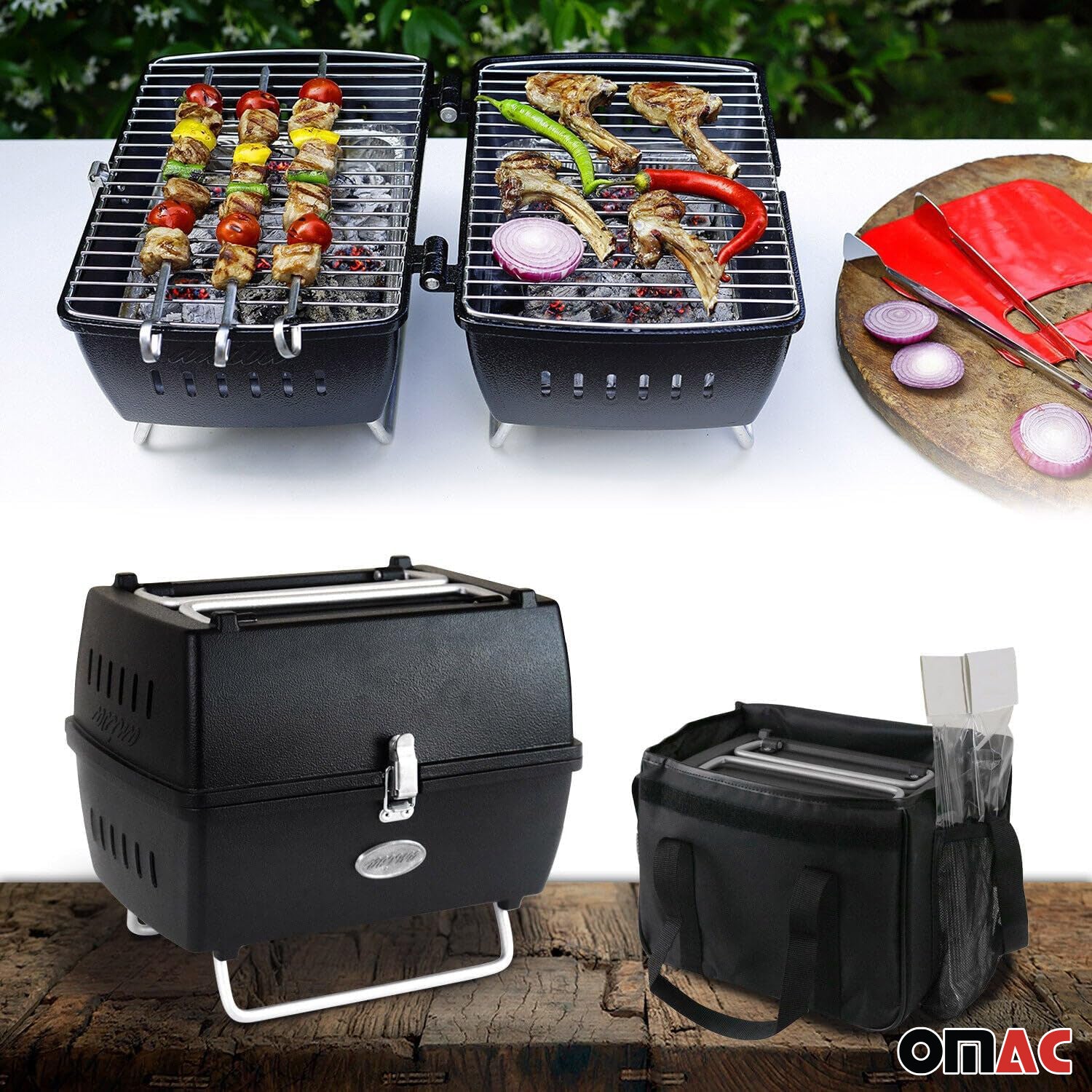 Black Portable Charcoal BBQ Grill Outdoor Camping 13 Pcs with Durable Bag SET