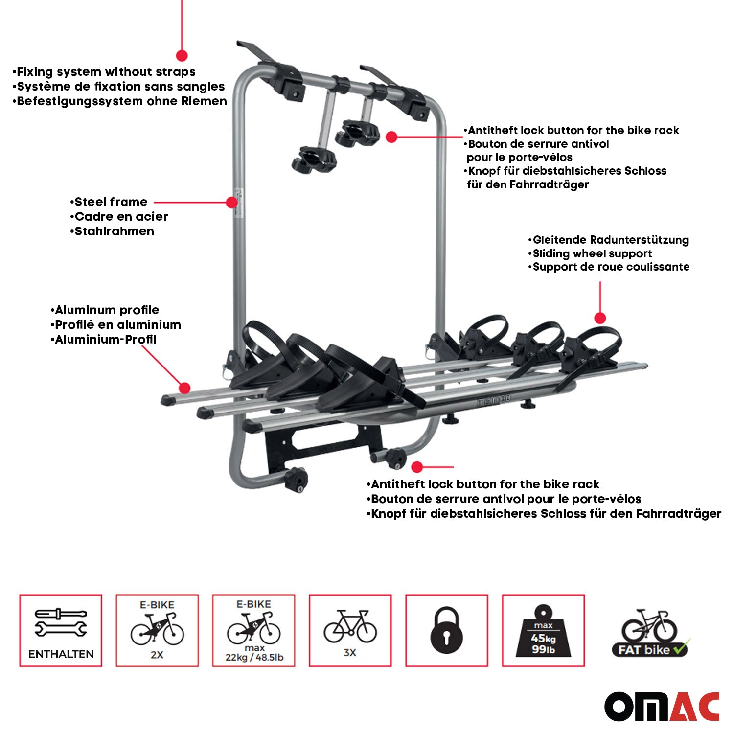 2013-2017 Audi Q5 3 Bike Rack Carrier Hitch Mount Black 1Pc