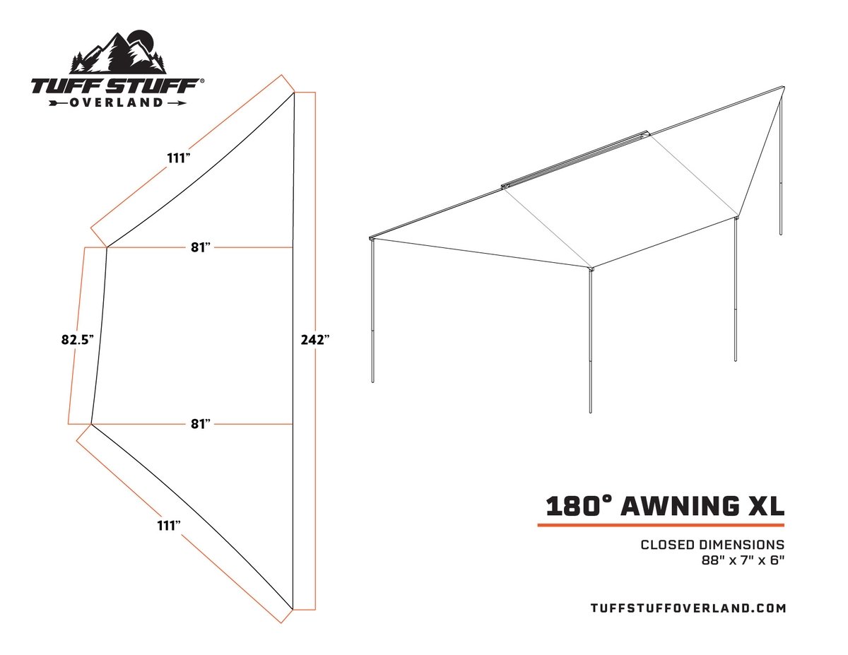 Tuff Stuff Overland Awning, 180 Degree, XL, Kit With Mounting Brackets