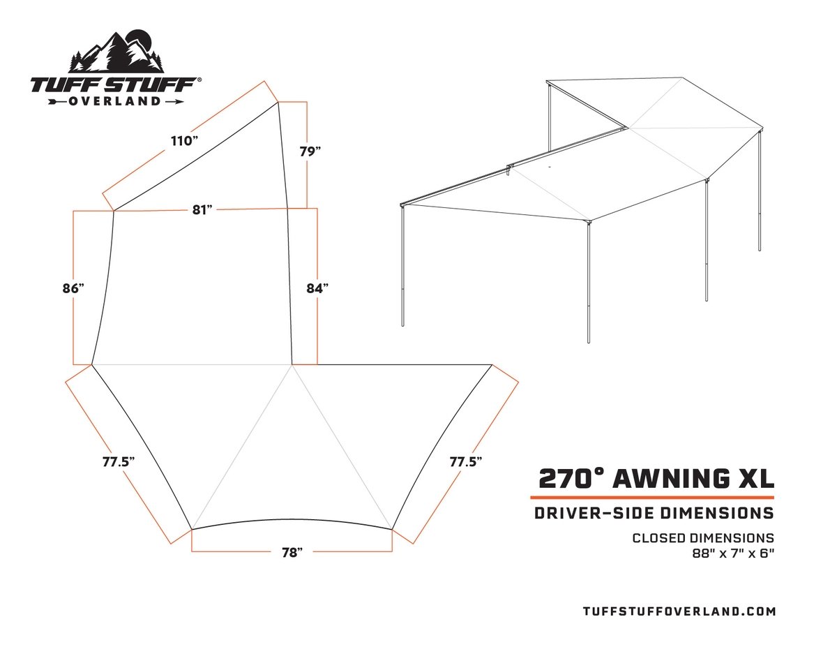 Tuff Stuff Overland Awning, 270 Degree, XL, Driver Side, Kit With Mounting Brackets
