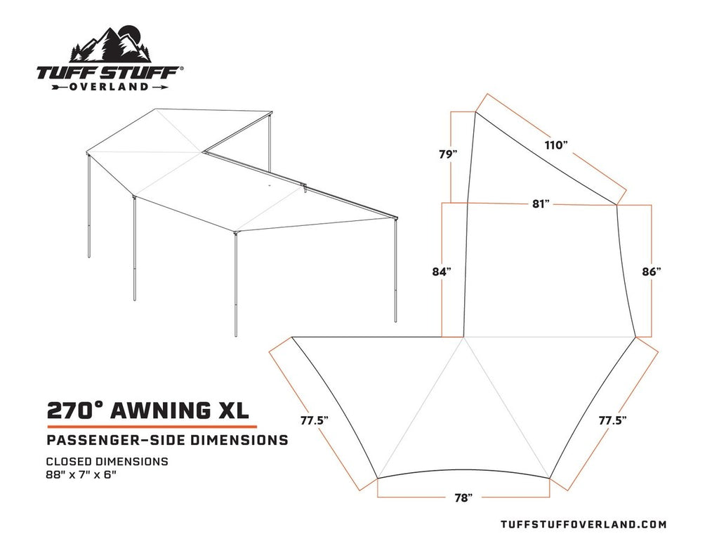 Tuff Stuff Overland Awning, 270 Degree, XL, Passenger Side, Kit With Mounting Brackets